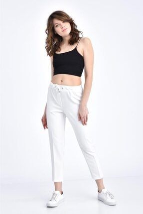 Belden Lastikli Ve Bağcıklı Beyaz Bilek Kadın Pantolon PAN.1271-BYZ-B1271