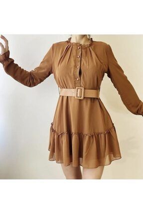 Kahverengi Kemerli Şifon Elbise 1006