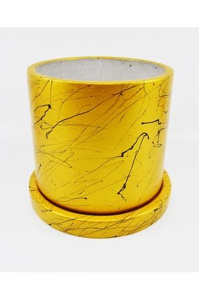 Büyük Boy Tabaklı Mermer Desenli Beton Saksı Dekoratif Kaktüs Çiçek Saksısı Gold Renk dop9319956igo