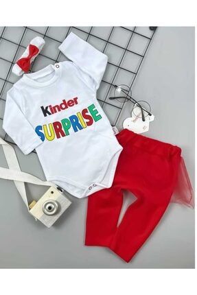 Kız Bebek Kinder Süpriz Baskılı Tüllü Etekli Ve Bandanalı 3 Parça Bebek Takımı kinder6