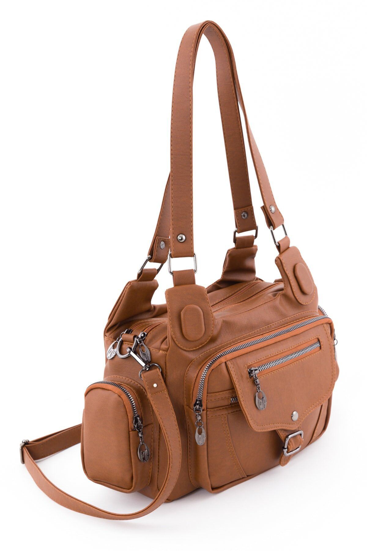 BAGzy Women s Tan Washed Multi Compartment Shoulder and Shoulder