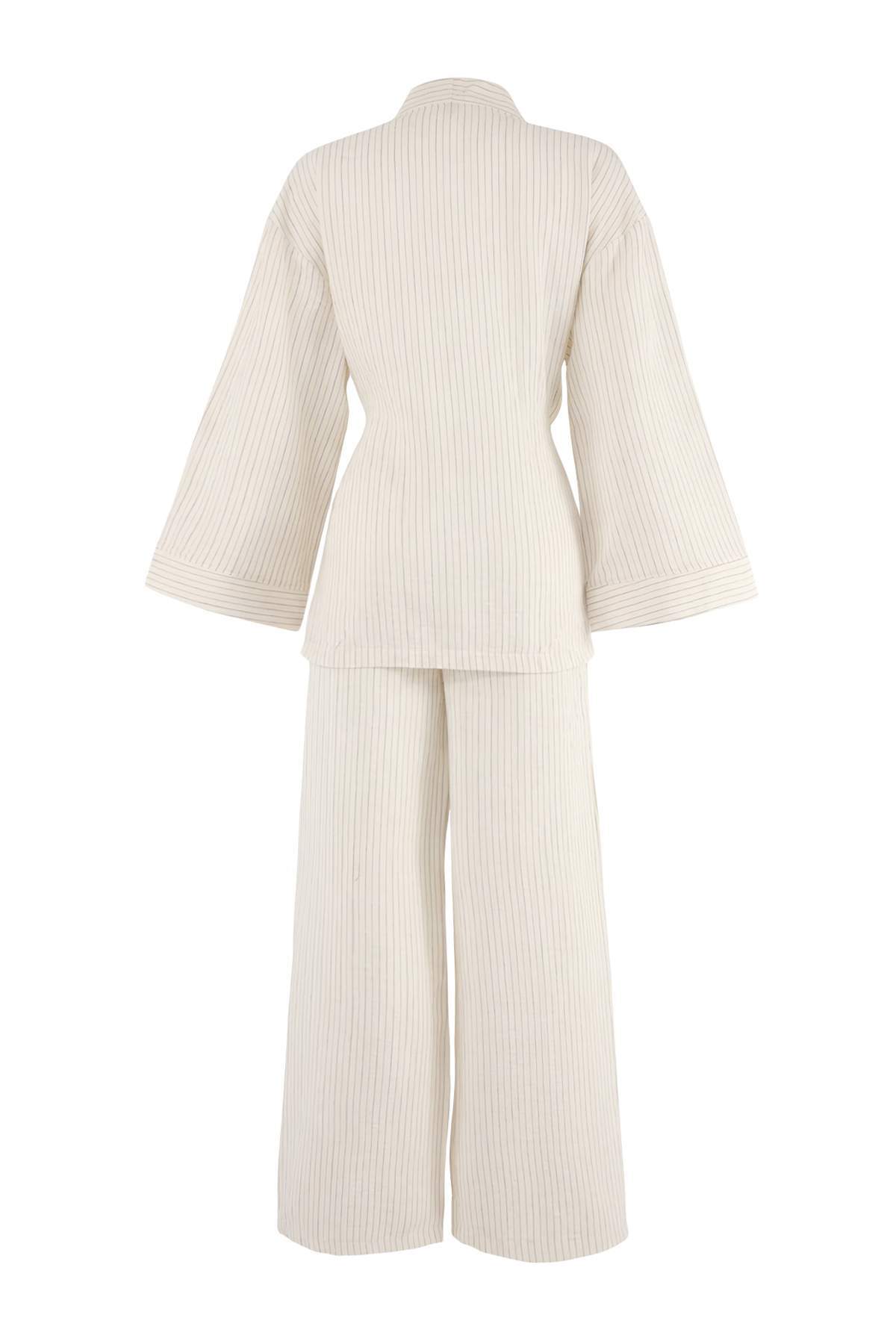 Trendyolmilla  Ekru Çizgili Dokuma Müslin 100% Pamuk Plaj Kimono Pantolon Takım TBESS26AU00023 - Görsel 6
