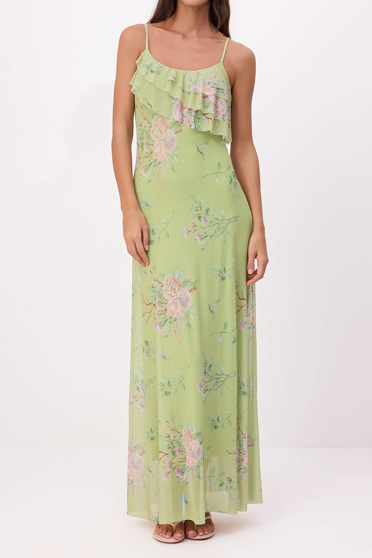 Trendyolmilla  Yeşil Çiçekli A-Kalıp/Çan Form İnce Askılı Volanlı/Fırfırlı Maxi Örme Elbise TWOSS26EL00673 - Görsel 3