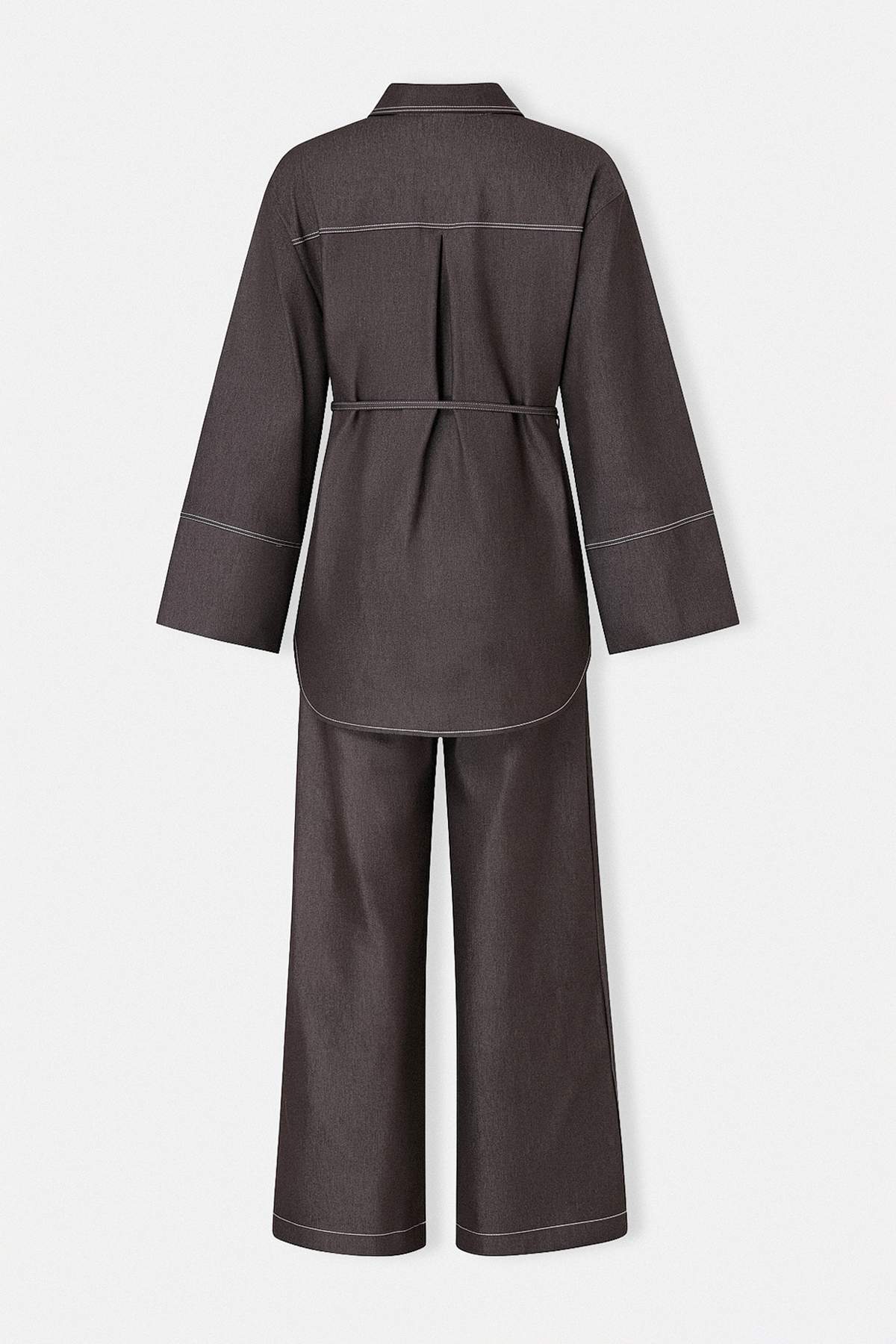 Trendyolmilla  Kahverengi Denim Baharlık Beli İpli Gömlek Yaka Rahat Takım TDRSS26AU00016 - Görsel 5