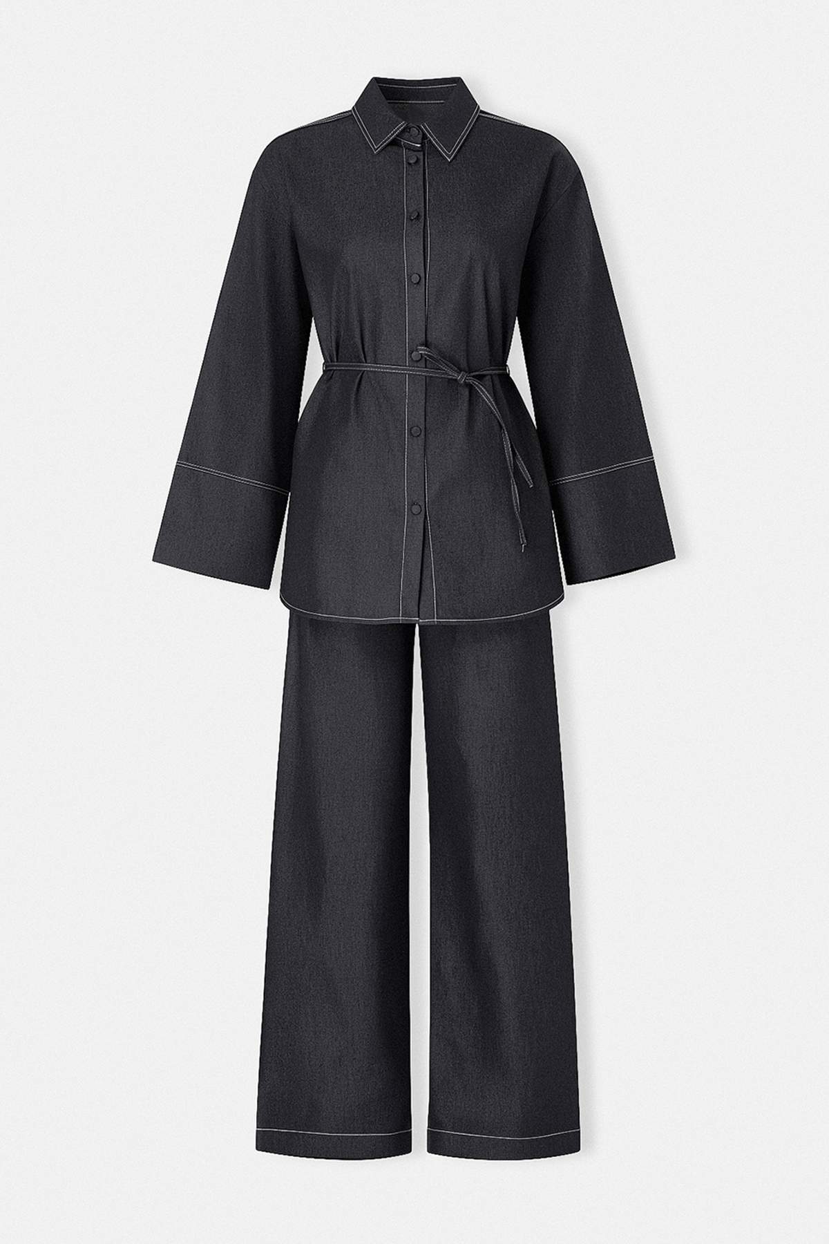 Trendyolmilla  Lacivert Denim Baharlık Beli İpli Gömlek Yaka Rahat Takım TDRSS26AU00016 - Görsel 5