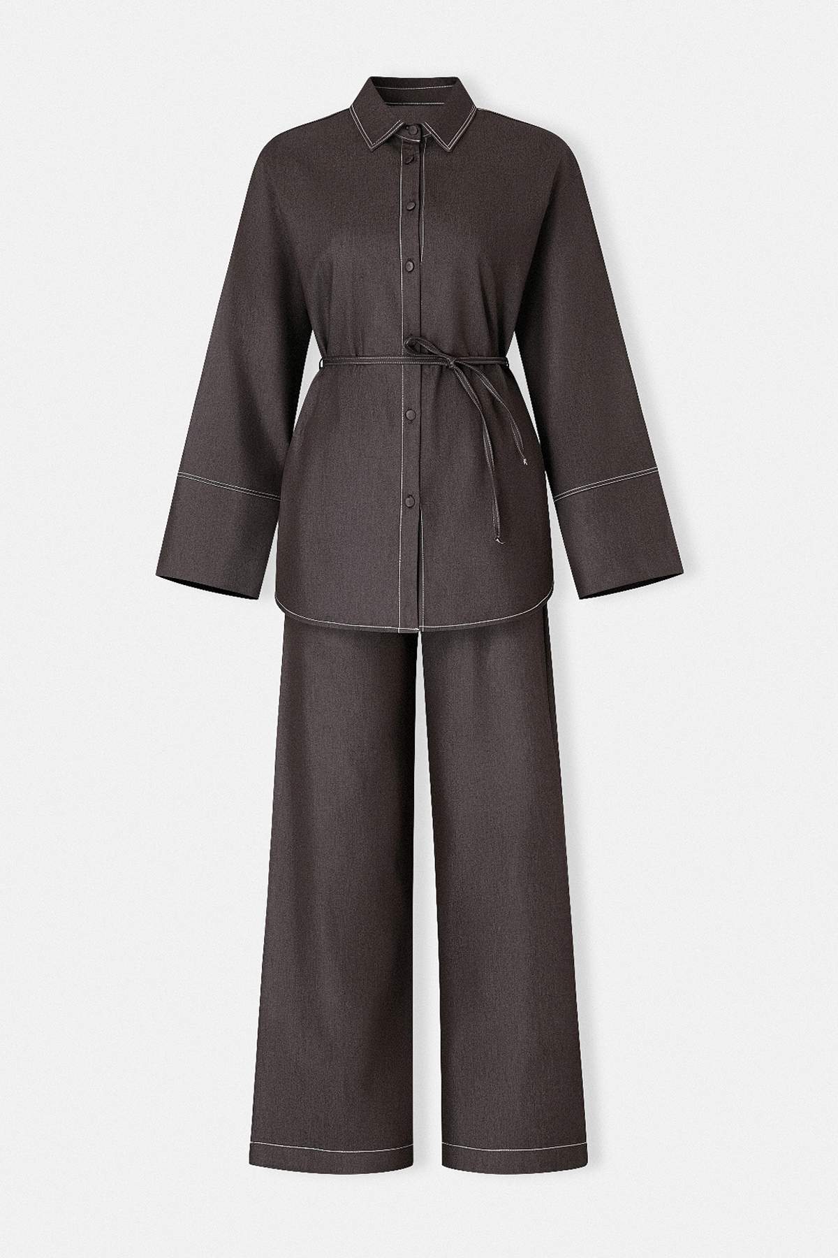 Trendyolmilla  Kahverengi Denim Baharlık Beli İpli Gömlek Yaka Rahat Takım TDRSS26AU00016 - Görsel 4