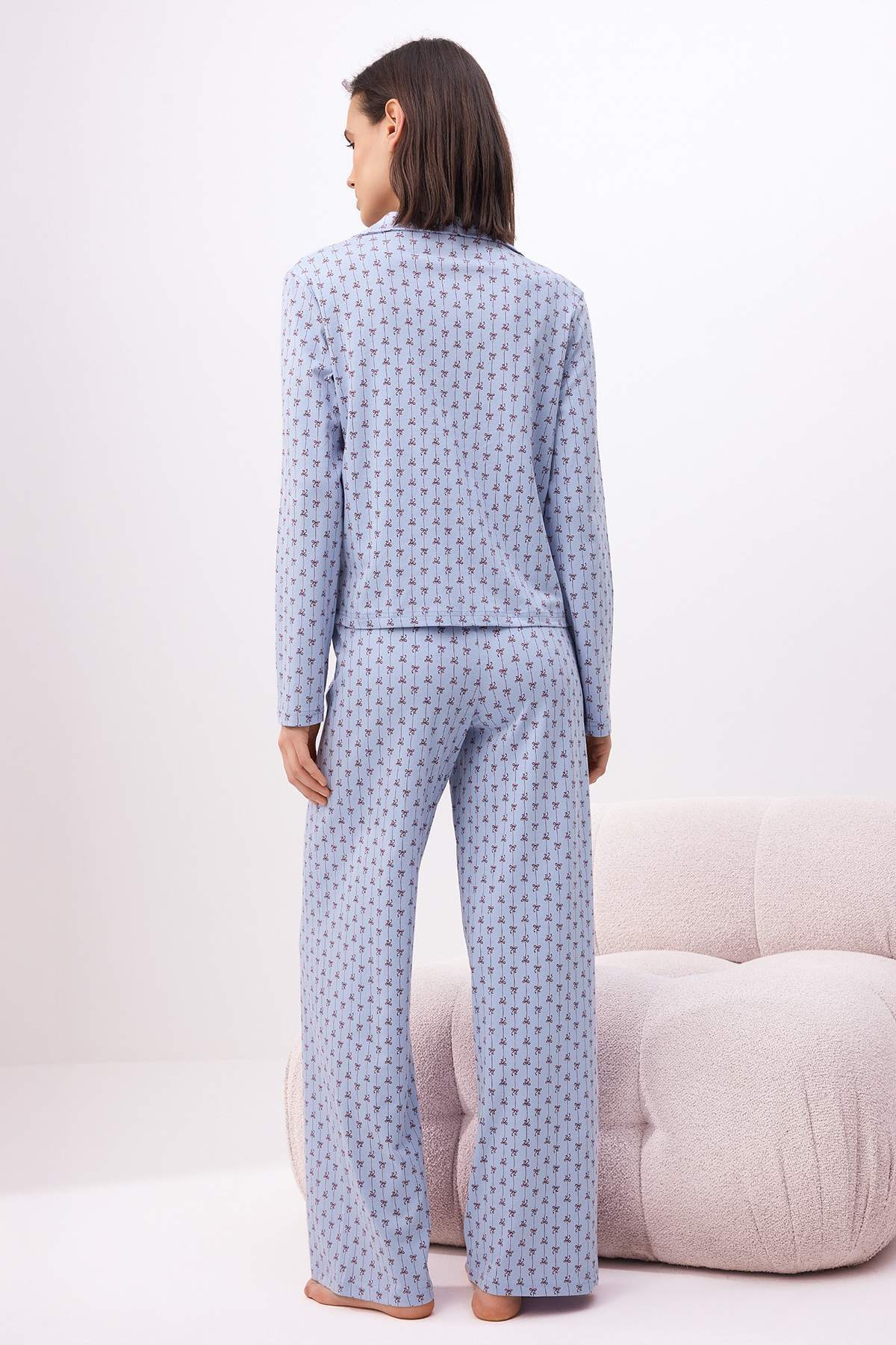 Trendyolmilla  Açık Mavi 3'lü Pamuklu Likralı Bağlamalı Kurdele Desenli Örme Pijama Takımı THMSS26PT00064 - Görsel 4