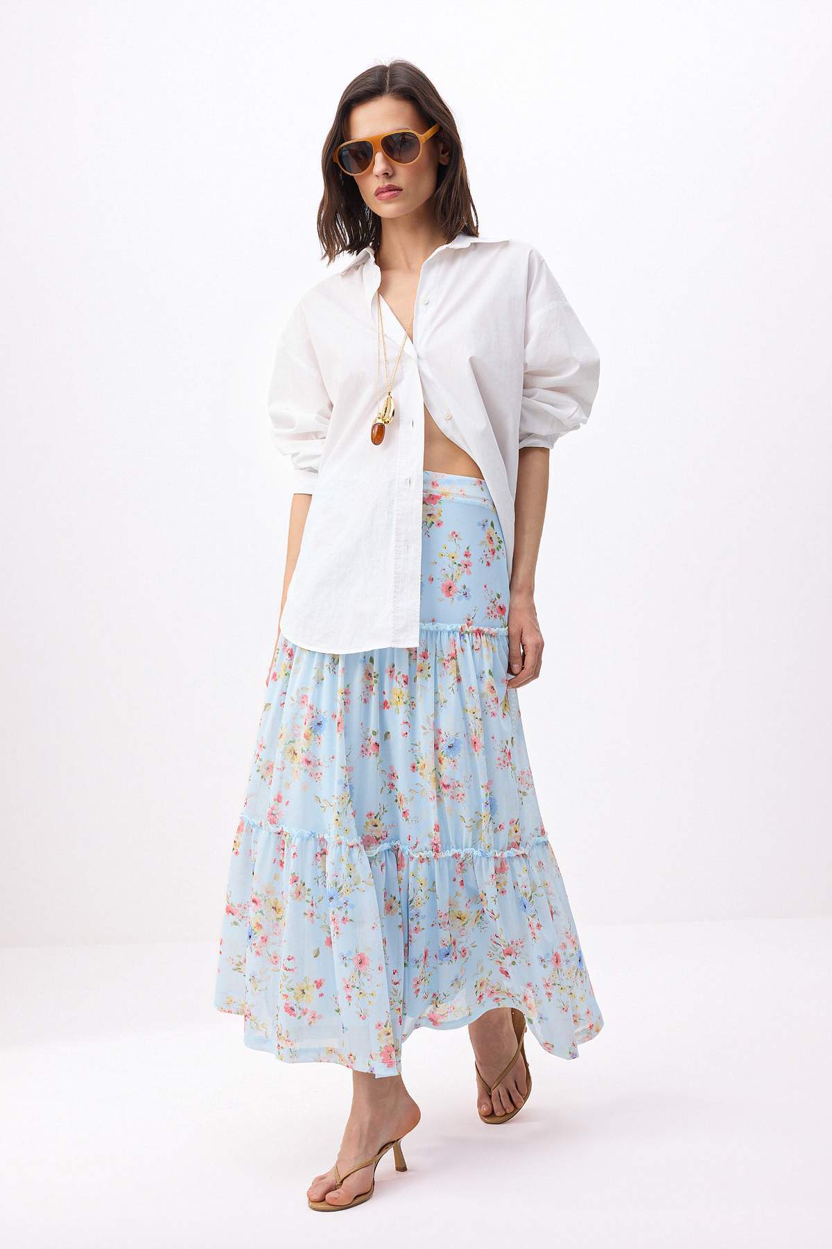 Trendyolmilla  Açık/Bebe Mavi Tül Çiçek Baskılı Maxi Büzgü/Drape Detaylı Esnek Örme Etek TWOSS25ET00064