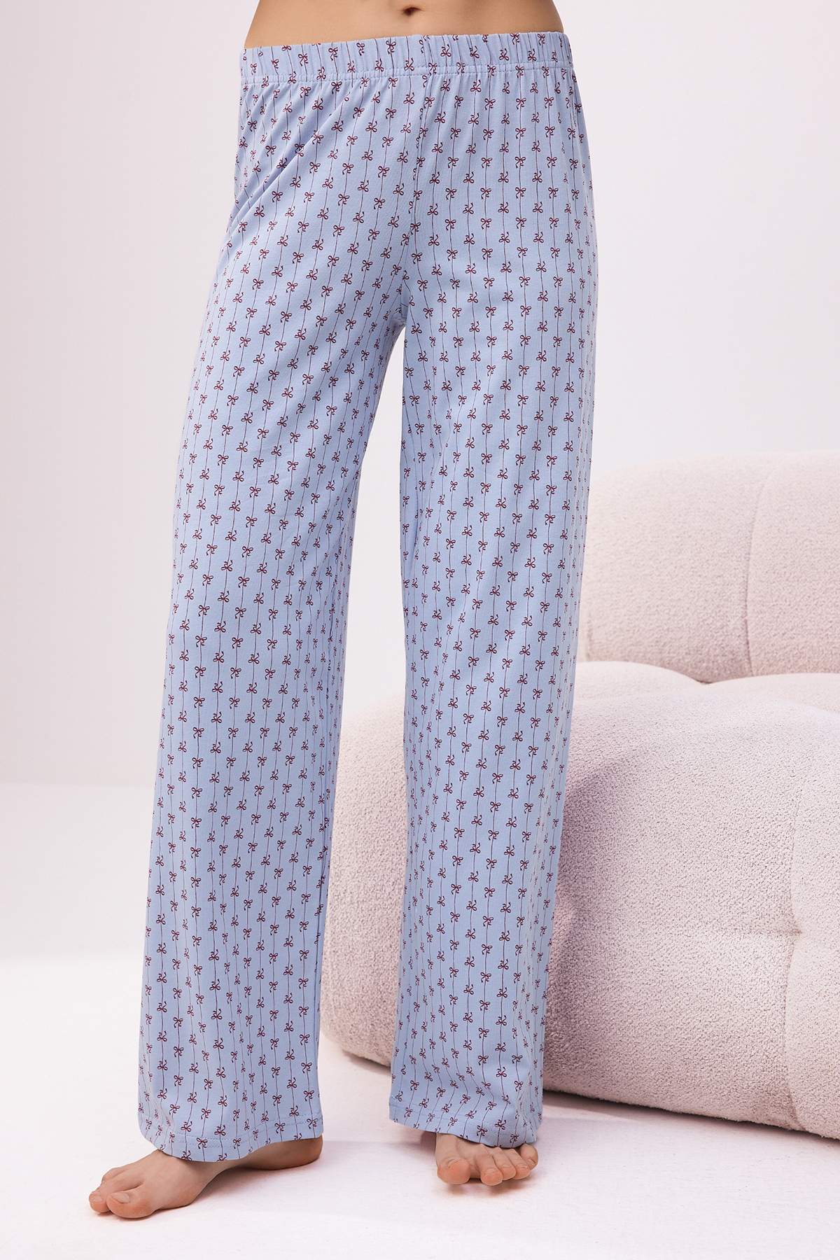 Trendyolmilla  Açık Mavi 3'lü Pamuklu Likralı Bağlamalı Kurdele Desenli Örme Pijama Takımı THMSS26PT00064 - Görsel 3