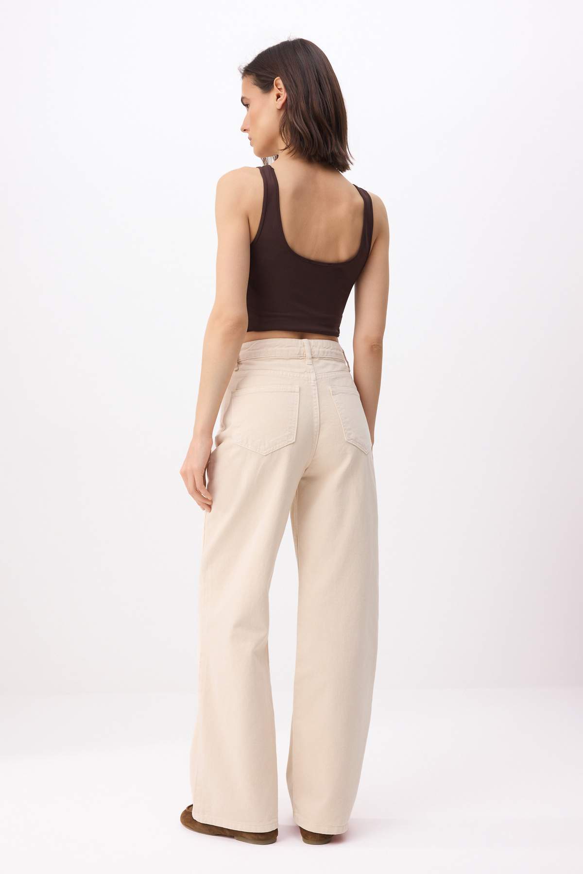 Trendyolmilla  Bej Yüksek Bel %100 Pamuk Wide Leg Geniş Paça Jeans TWOSS26JE00187 - Görsel 4