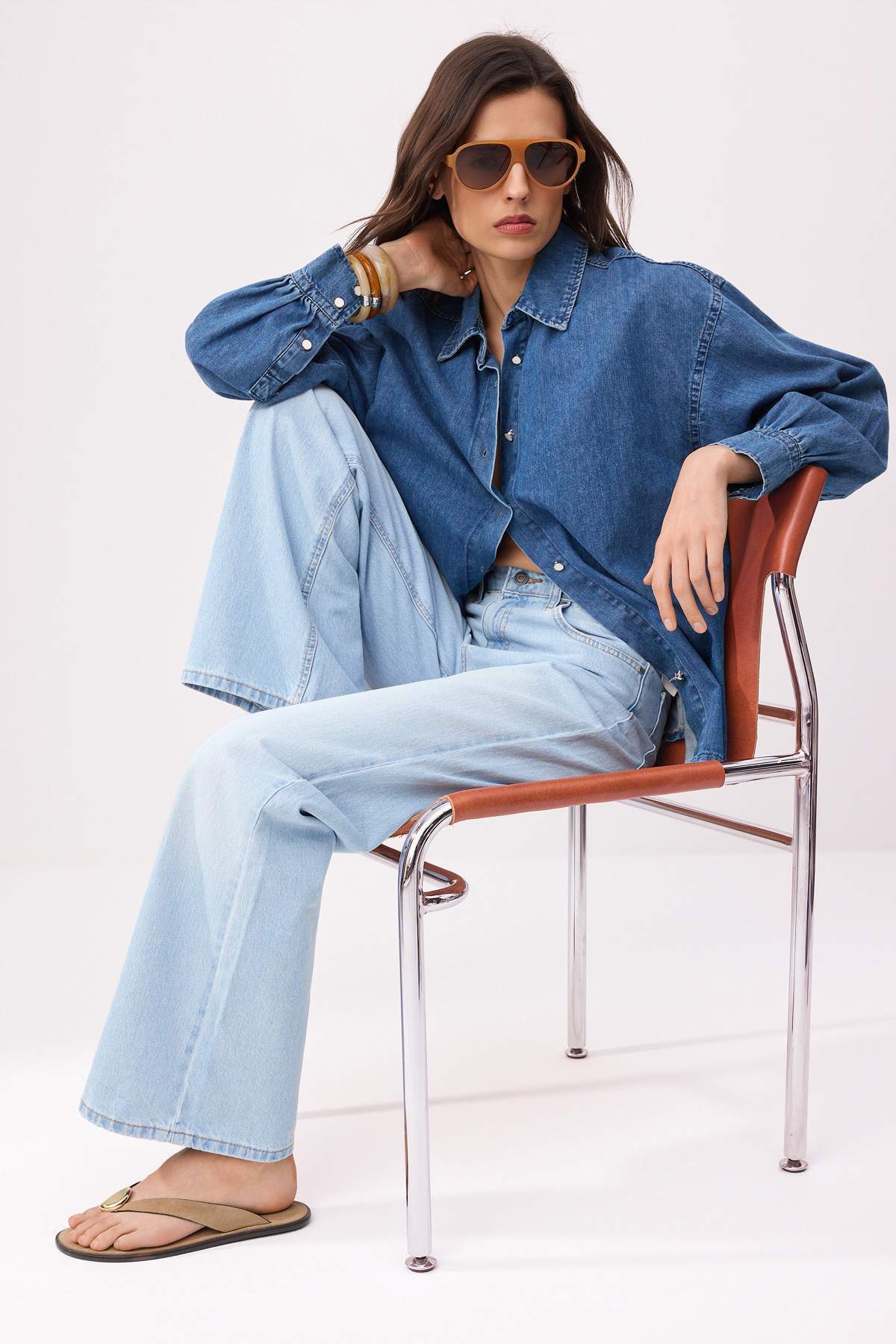 Συλλογή Trendyol Ice Blue Ψηλόμεσο 100% Βαμβακερό Τζιν με φαρδιά μπατζάκια TW...