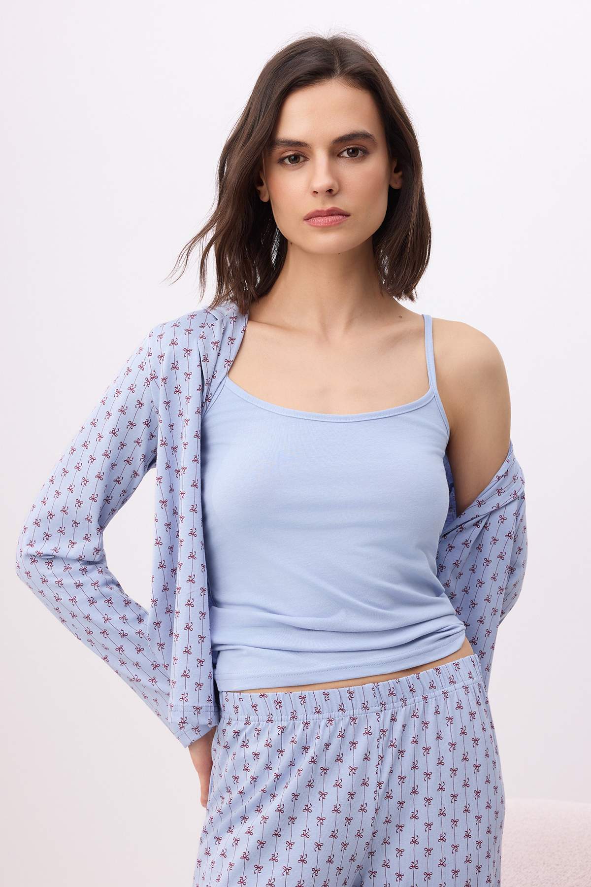 Trendyolmilla  Açık Mavi 3'lü Pamuklu Likralı Bağlamalı Kurdele Desenli Örme Pijama Takımı THMSS26PT00064 - Görsel 2