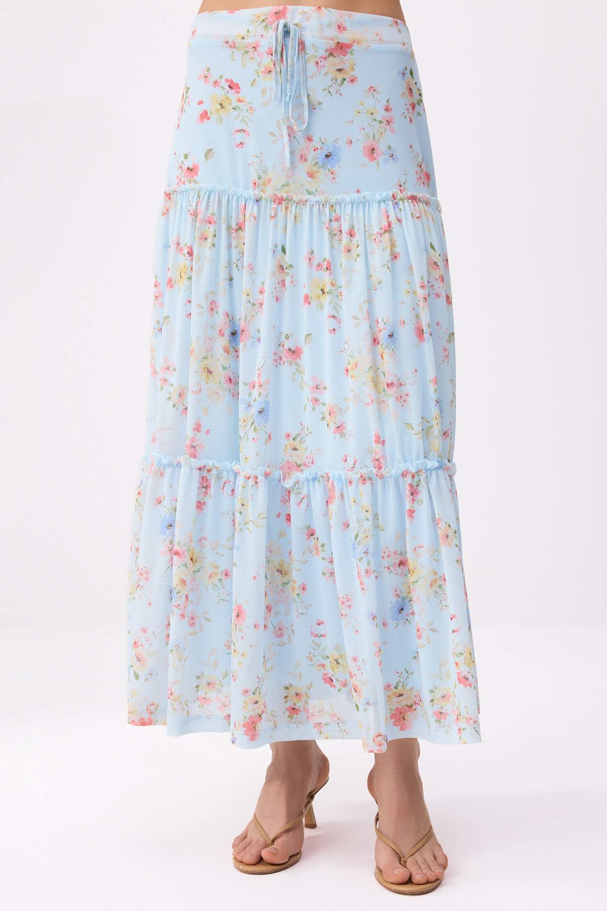 Trendyolmilla  Açık/Bebe Mavi Tül Çiçek Baskılı Maxi Büzgü/Drape Detaylı Esnek Örme Etek TWOSS25ET00064 - Görsel 3