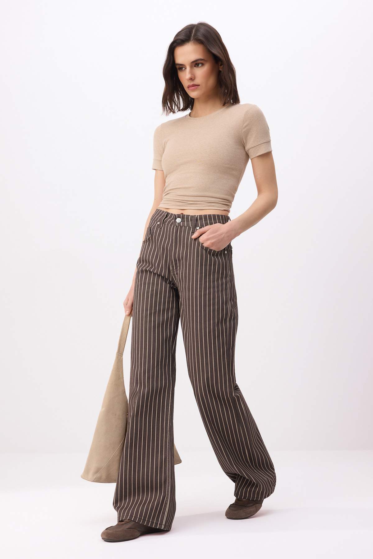 Trendyolmilla  Kahverengi Çizgili Yüksek Bel %100 Pamuk Wide Leg Jeans TWOSS26JE00305 - Görsel 2