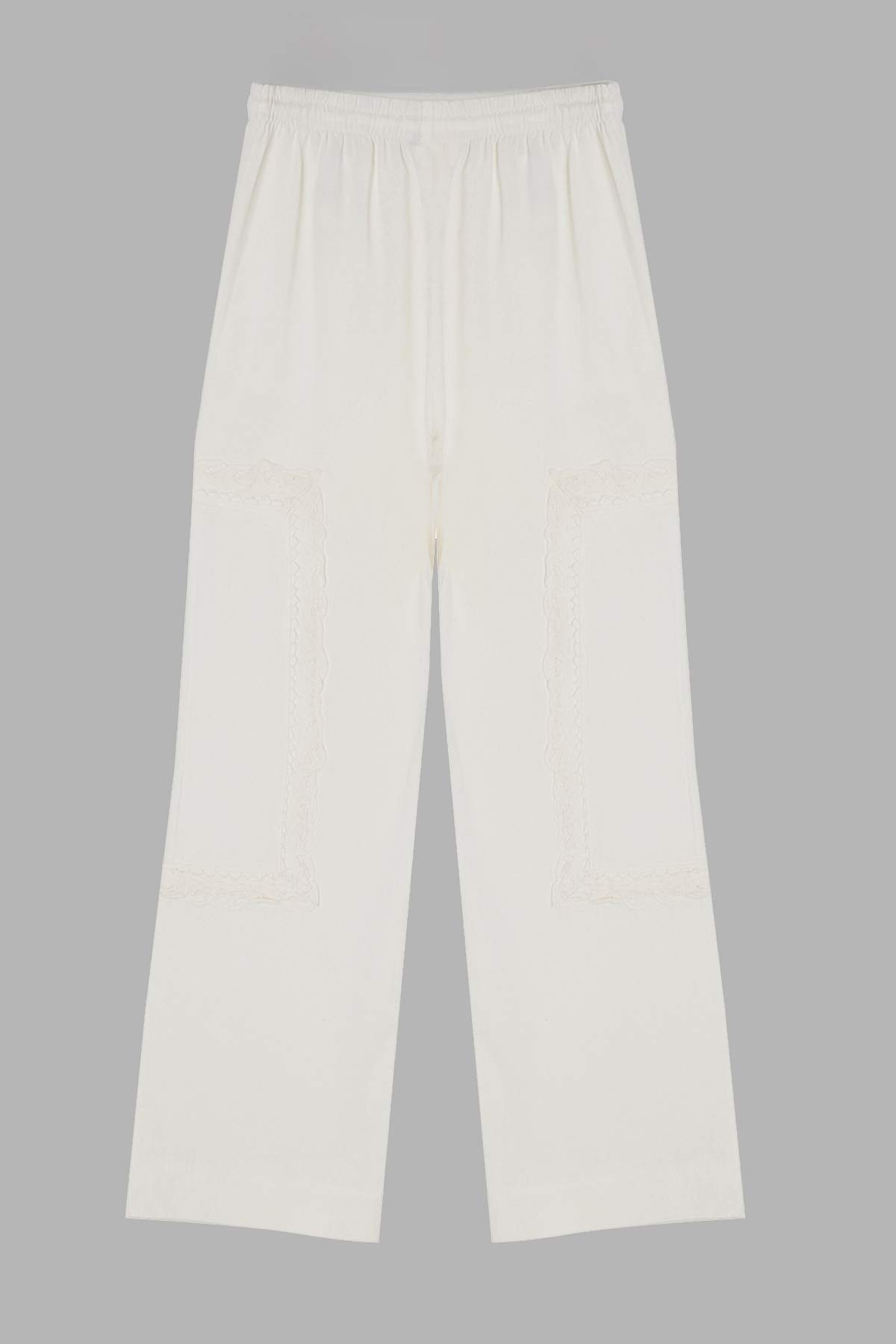 Trendyolmilla  Beyaz Gabardin Pamuklu Dantel Detaylı Lastikli Geniş Paça Pantolon TWOSS26PL00117 - Görsel 2