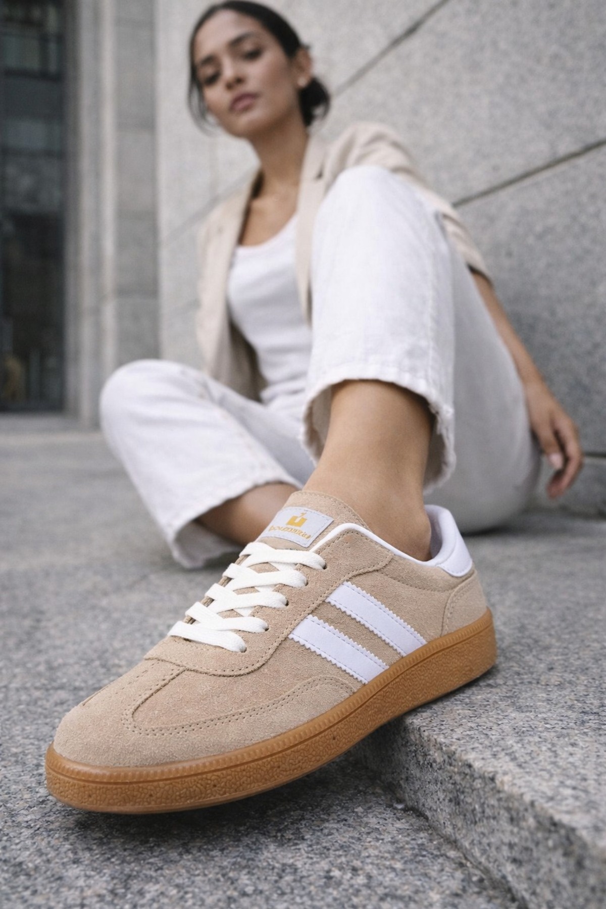 İnan Ayakkabı Bej Beyaz Kadın Sneaker N-3268