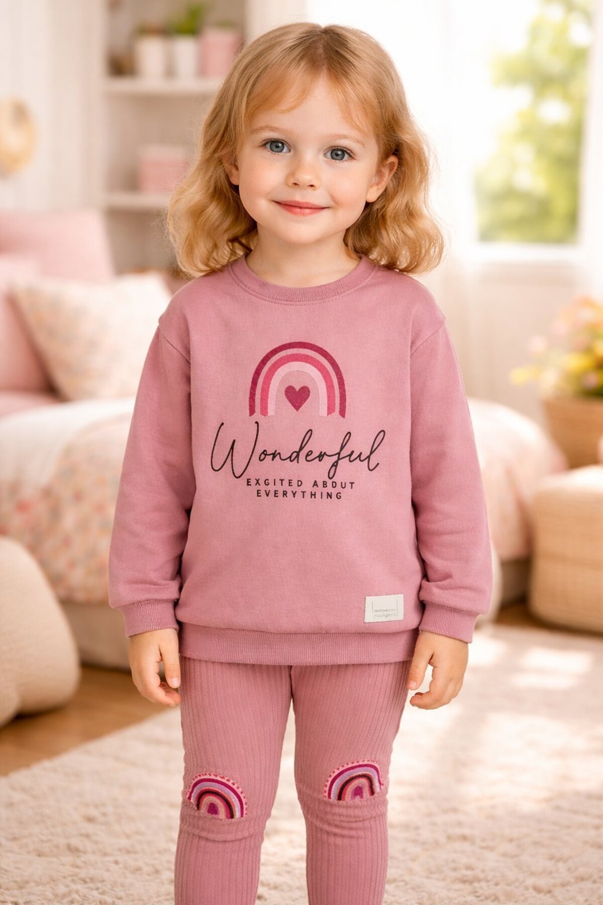 almira anne bebek Kız Çocuk Giyim Gökkuşağı Baskılı Uzun Kollu Takım Bebeğe Özel fotoğrafı 3 (önizleme)