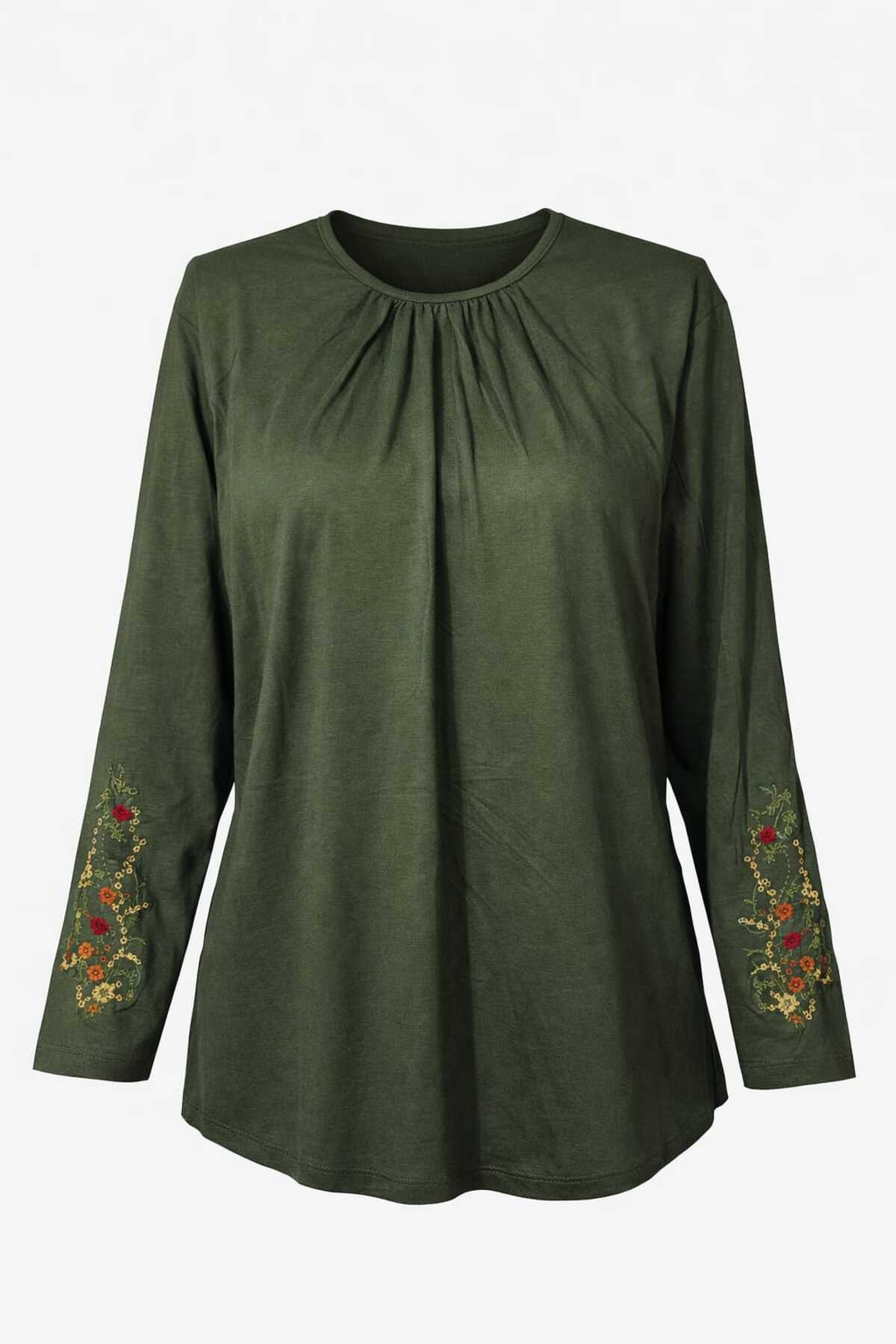 Nacar Moda  Kadın Likralı Orta Yaş Ve Üzeri Dört Mevsim Haki Anne Penye Bluz Yeni Sezon Kolu İşlemeli - Görsel 7