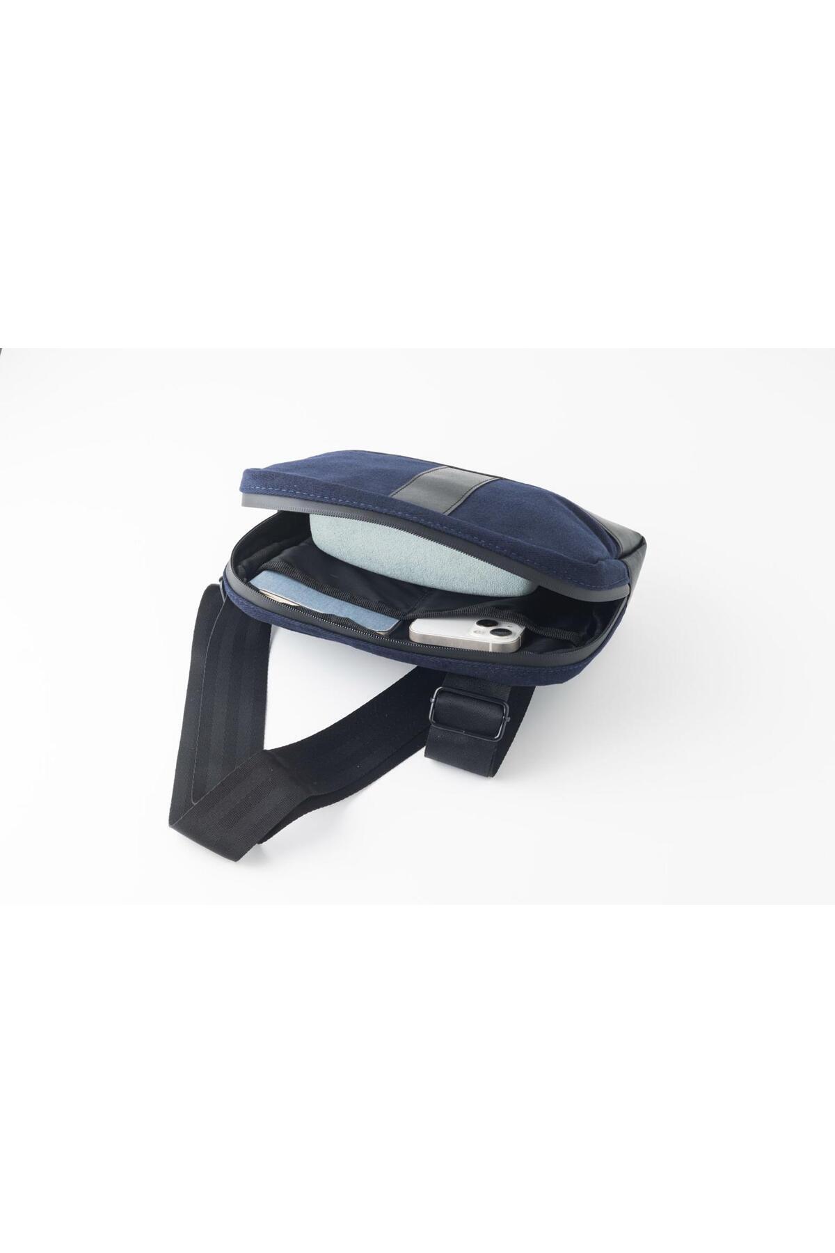 Aggu Bebe  Unisex Çapraz Mini Çanta Ayarlanabilir Askılı Yan Çanta Deri Detaylı Omuz Çantası - Lacivert - Görsel 5