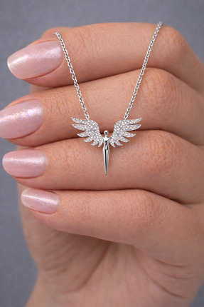 RARİ AKSESUAR Gümüş Kaplama Çelik Zirkon Taşlı Paslanmaz Çelik Melek Kolye