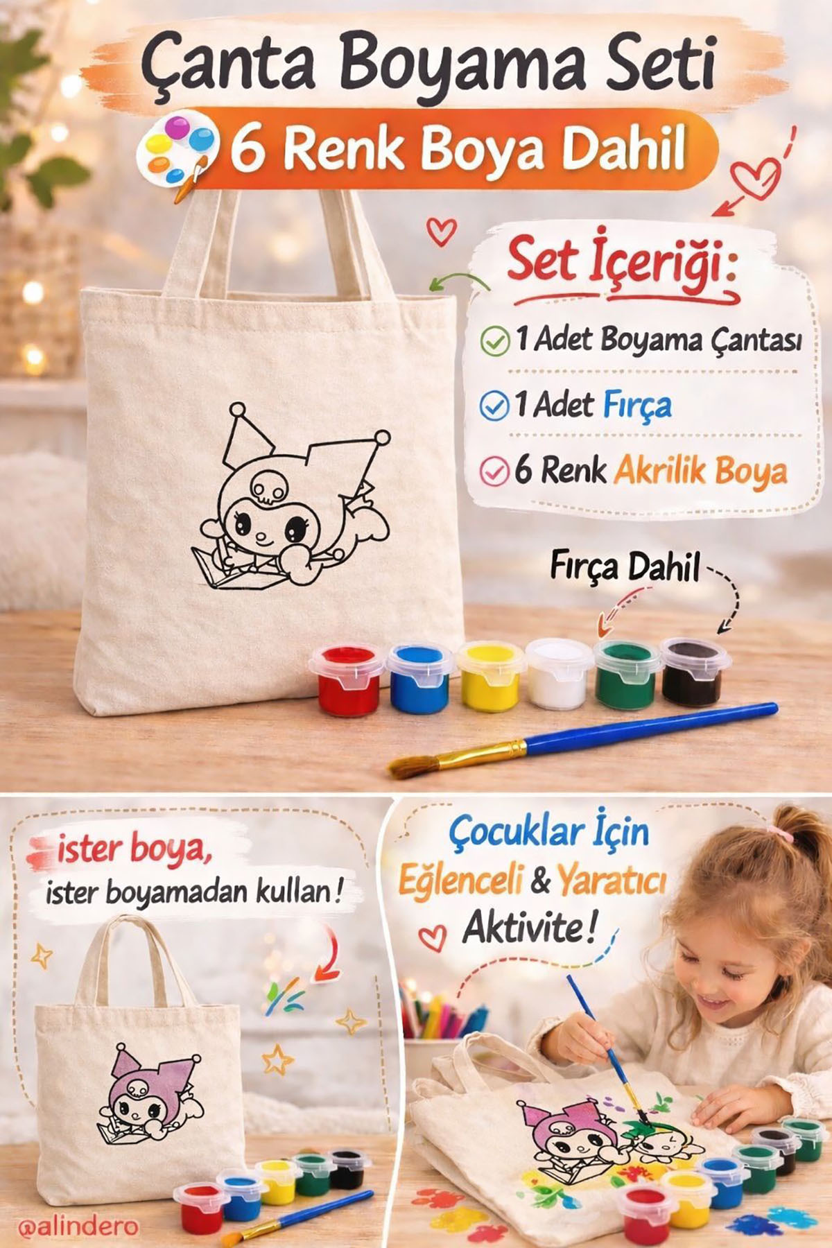Alindero HAZIR GÖRSEL Bez çanta çocuk boyama çantası KUROMİ tote bag Doğum günü hediyesi fotoğrafı 2 (önizleme)