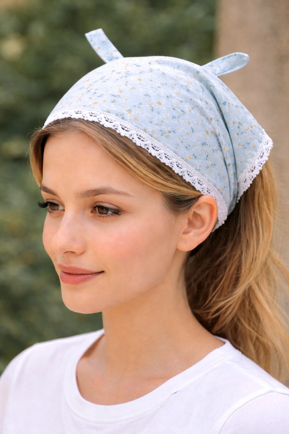 Mint Green , Daisy Patterned Lace Detailed Tied Bandana – Daily Use Hair Bandana