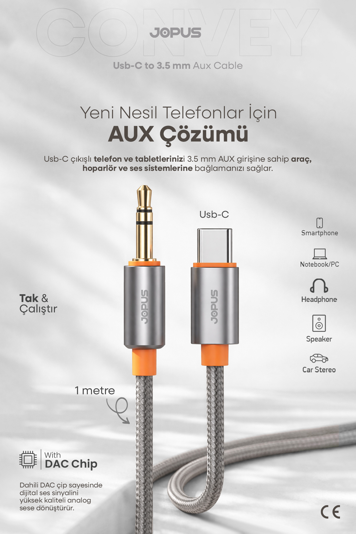 Iphone Android Compatible -Type-C To 3.5mm Aux Cable - Plug and Play Aux Braided - 1 Meter - JA-05