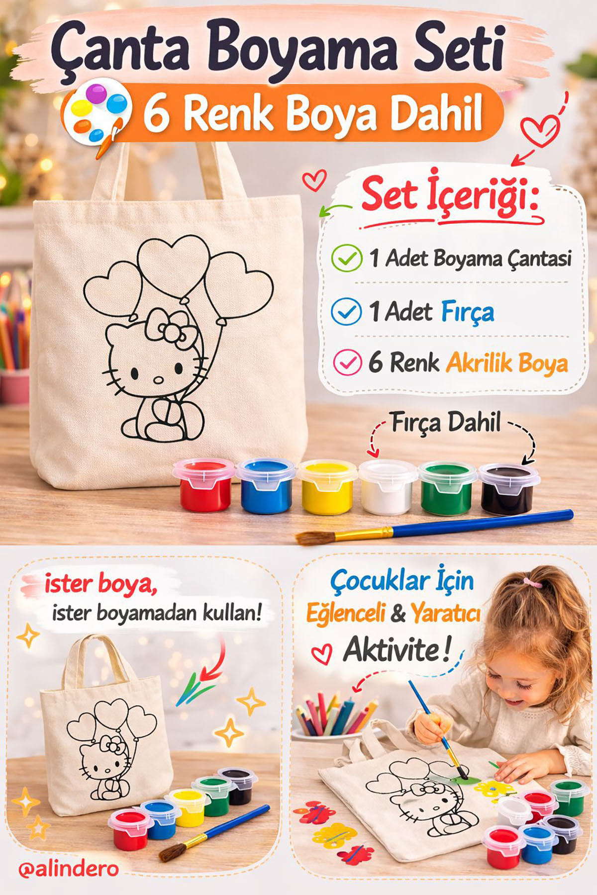 Alindero HAZIR GÖRSEL Bez çanta çocuk boyama çantası HELLO KITTY tote bag Doğum günü hediyesi fotoğrafı 2 (önizleme)