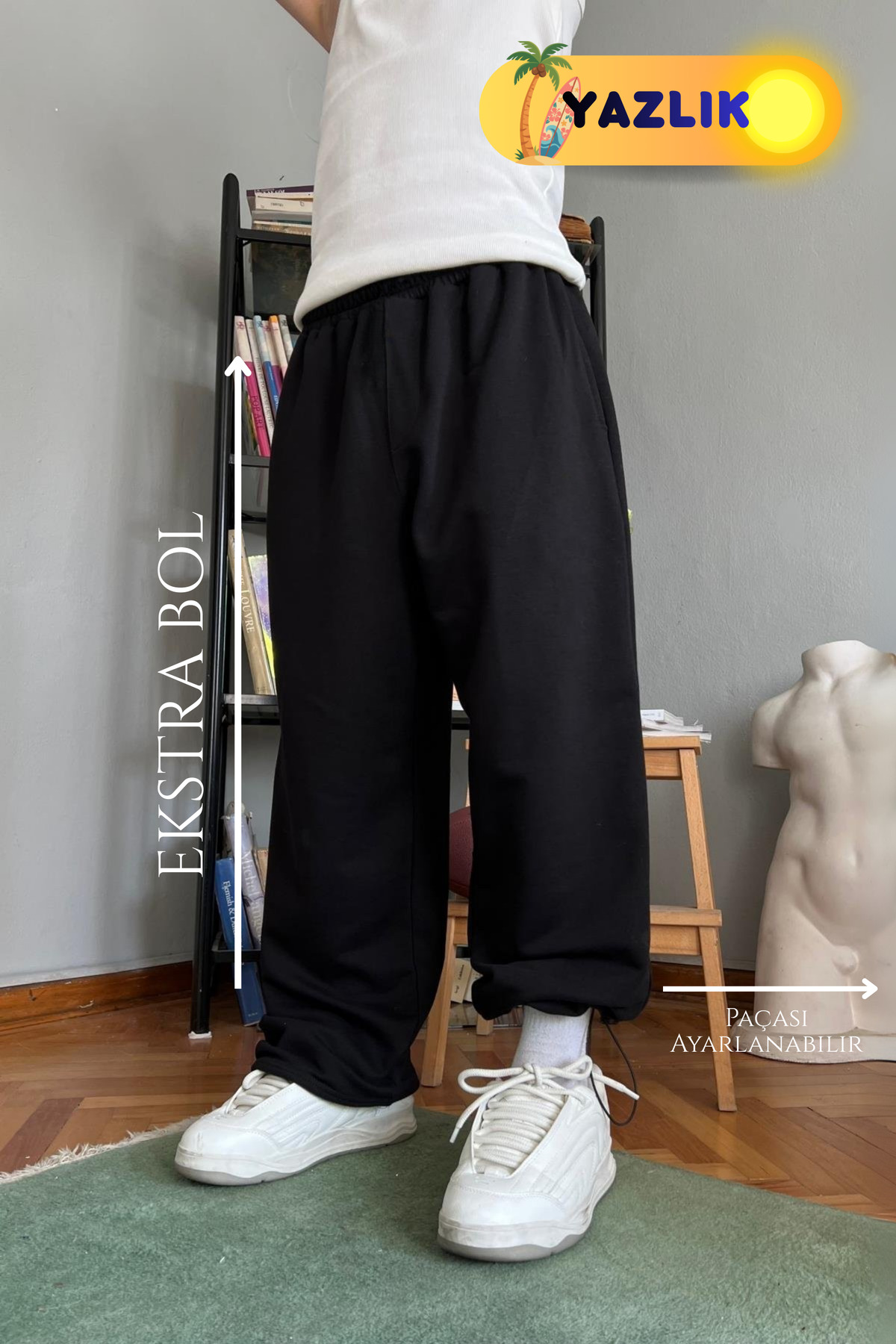 vladivosto  Büyük Beden Ekstra Bol Siyah Gri Yazlık Paçası Ayarlanabilir Baggy Bol Kalıp Oversize Eşofman Altı