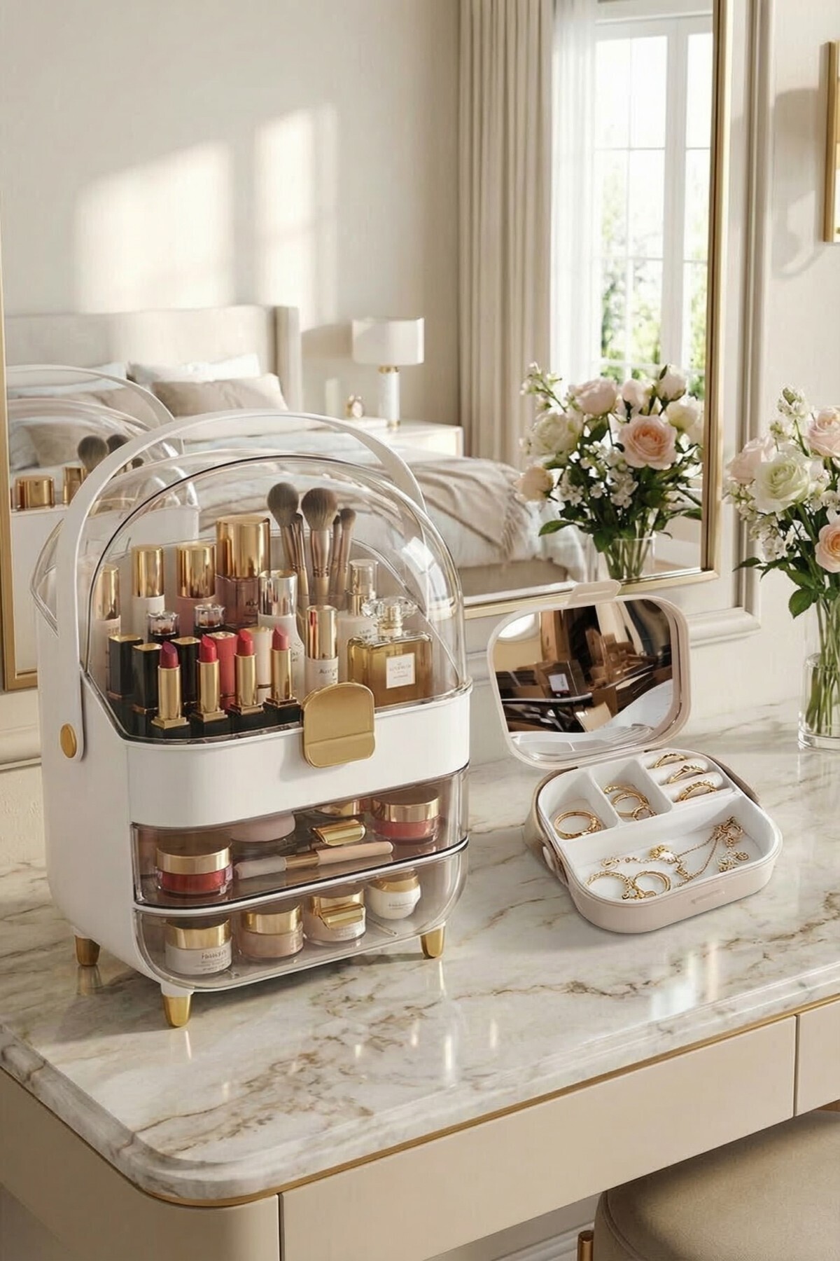 Multi-Bay Transparent Drawer Makeup & Cosmetic Organizer White & Mirror Makeup Box