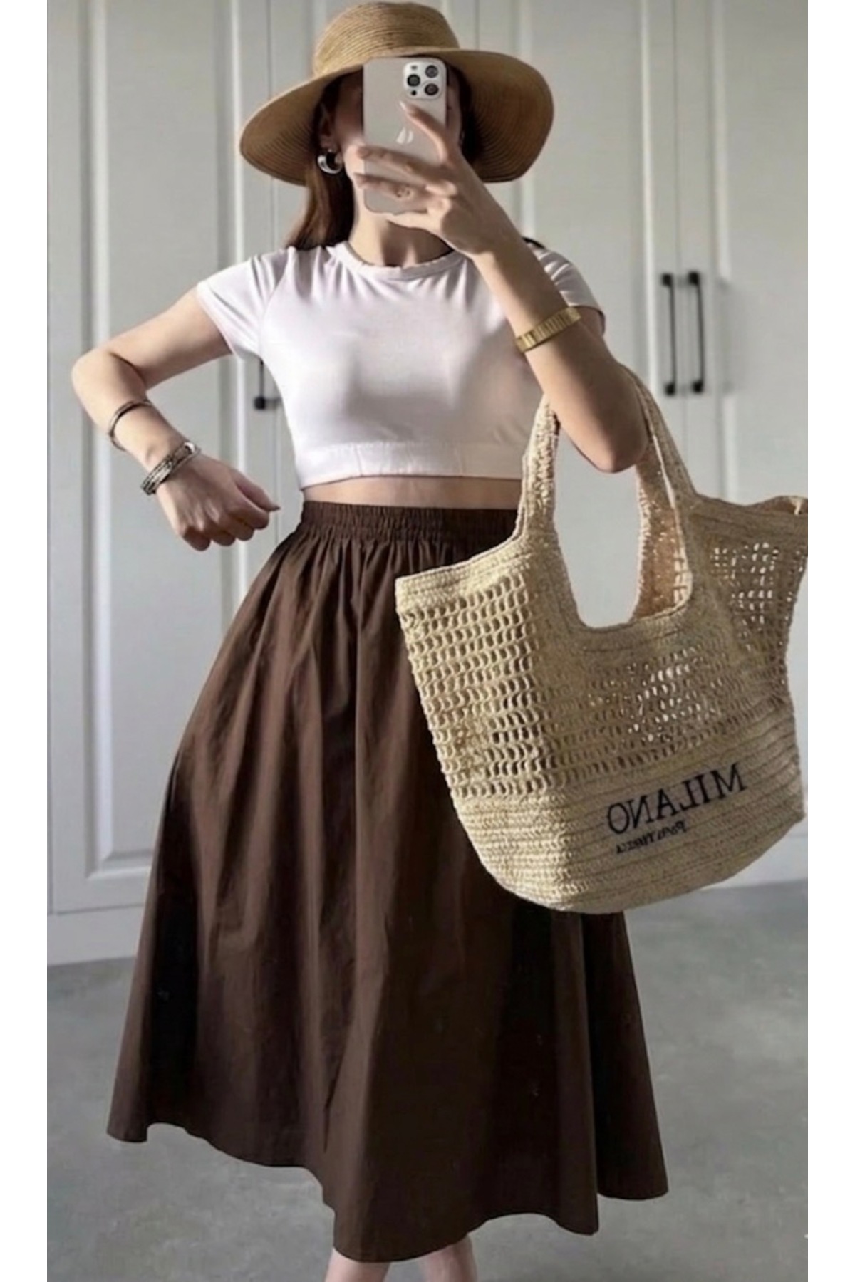 Gülmude  Uzun Beli Lastikli Etek Fleto Cepli İç Göstermez Poplin Kumaş Mevsimlik Etek (90CM) - Görsel 5