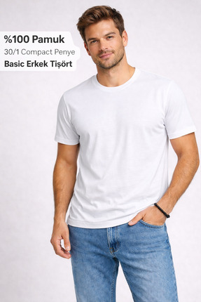 Nakış Sanatı Erkek Beyaz Basic Tişört 30/1 Compact Penye Pamuk Bisiklet Yaka ...