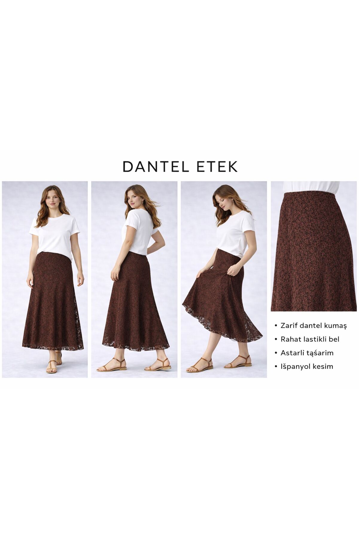 SHEBARA  Dantel Yüksek Bel Lastikli Rahat Etek - Görsel 3