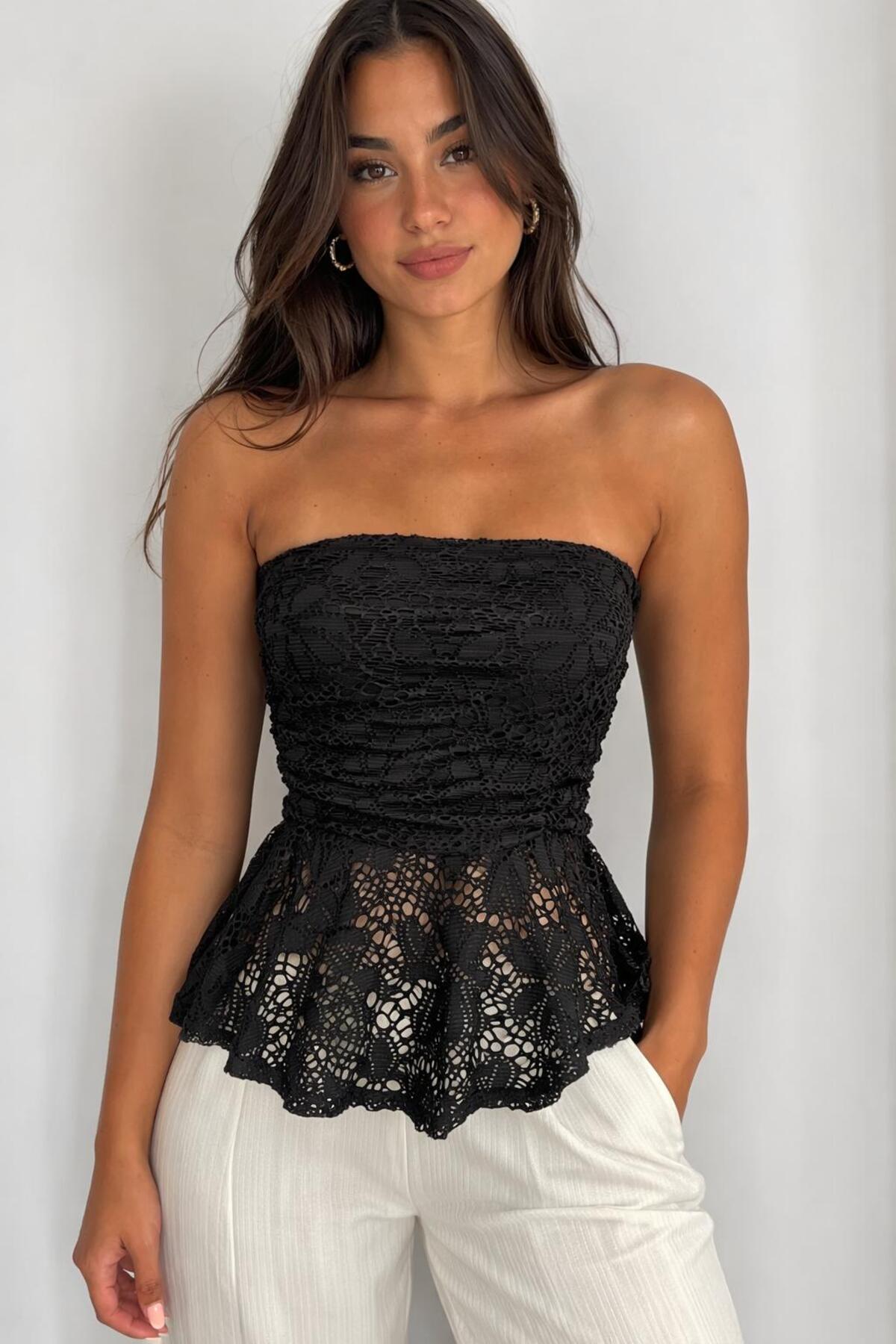 OLSAMODA  KADIN STRAPLEZ ASTARLI DANTEL KUMAŞ PEPLUM BLUZ