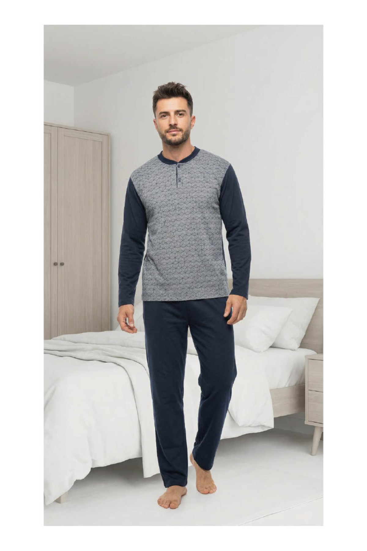 100% Cotton Single Jersey Jacquard Men's Pajamas Set 1001