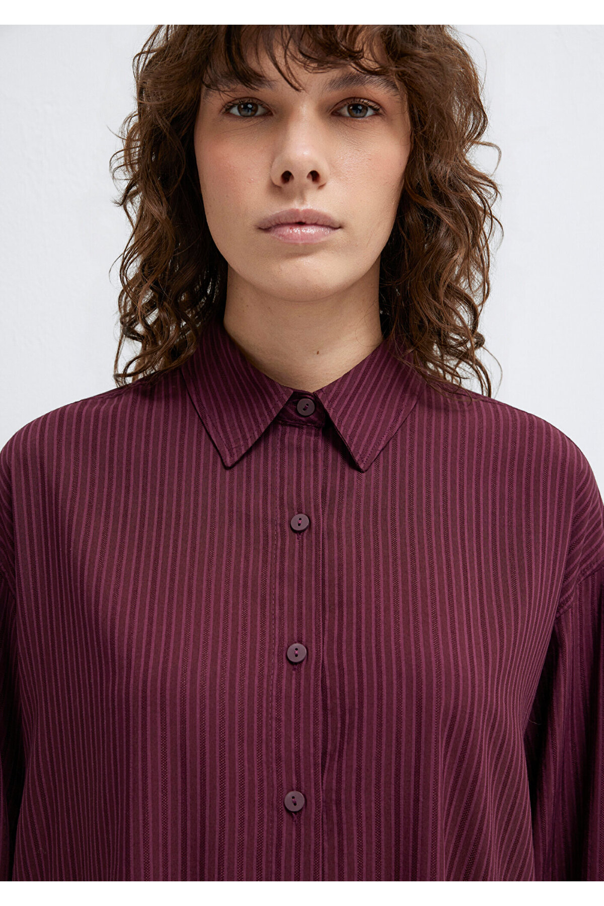 Mavi  Çizgili Bordo Gömlek Oversize / Geniş Kesim 1210878-70434 - Görsel 6