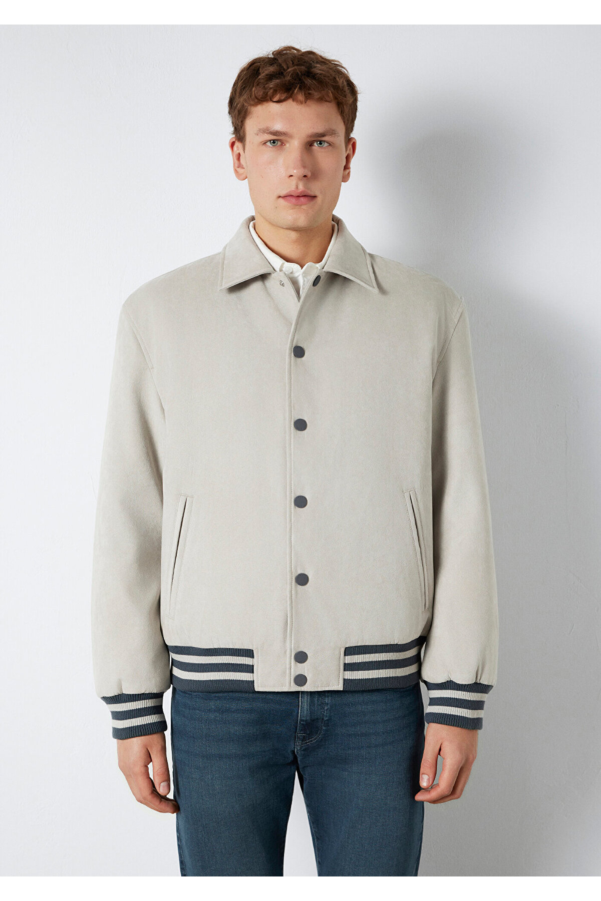 Mavi  Gri Suni Süet Ceket Loose Fit / Bol Rahat Kesim 0110767-70075 - Görsel 4