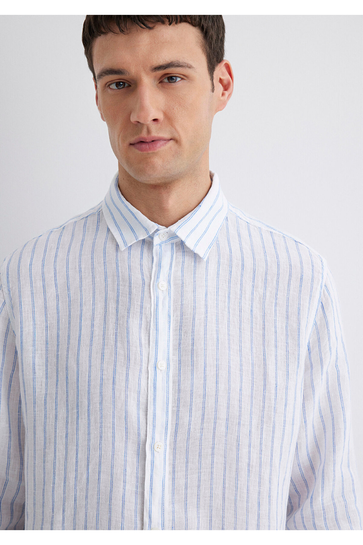 Mavi  Çizgili Keten Gömlek Regular Fit / Normal Kesim 0211633-90794 - Görsel 6