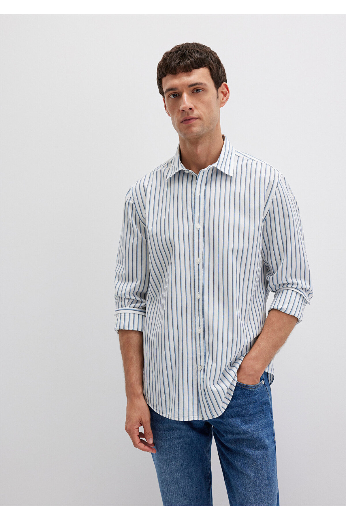 Mavi  Çizgili Beyaz Gömlek Regular Fit / Normal Kesim 0211705-90928 - Görsel 2