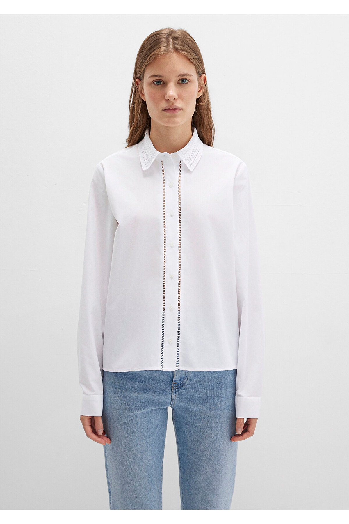 Mavi  Nakışlı Şerit Detaylı Beyaz Gömlek Regular Fit / Normal Kesim 1211174-70057 - Görsel 5