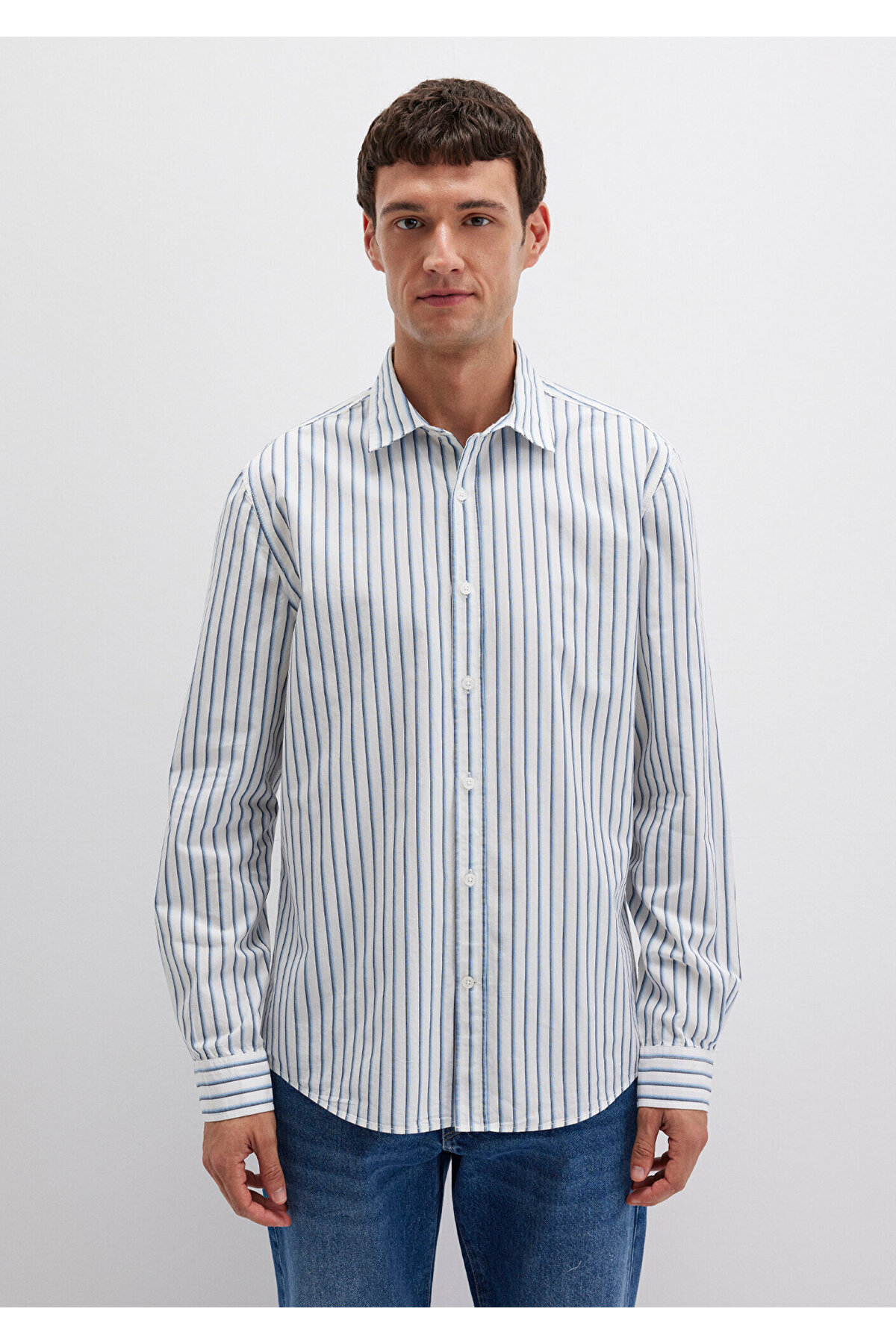 Mavi  Çizgili Beyaz Gömlek Regular Fit / Normal Kesim 0211705-90928 - Görsel 3