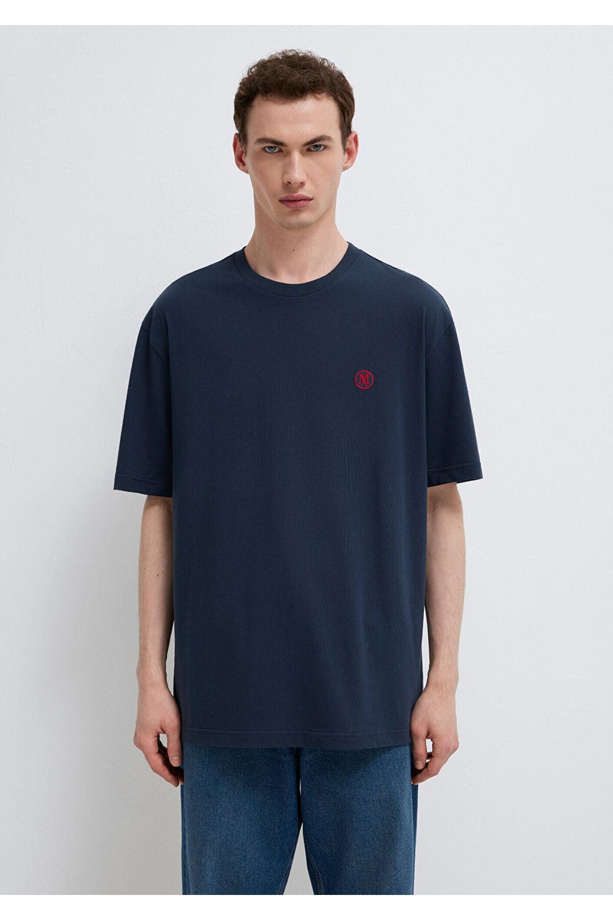 Mavi  2li Mühür Logo Nakışlı Erkek Tişört Loose Fit / Bol Rahat Kesim 0612545-620 - Görsel 8