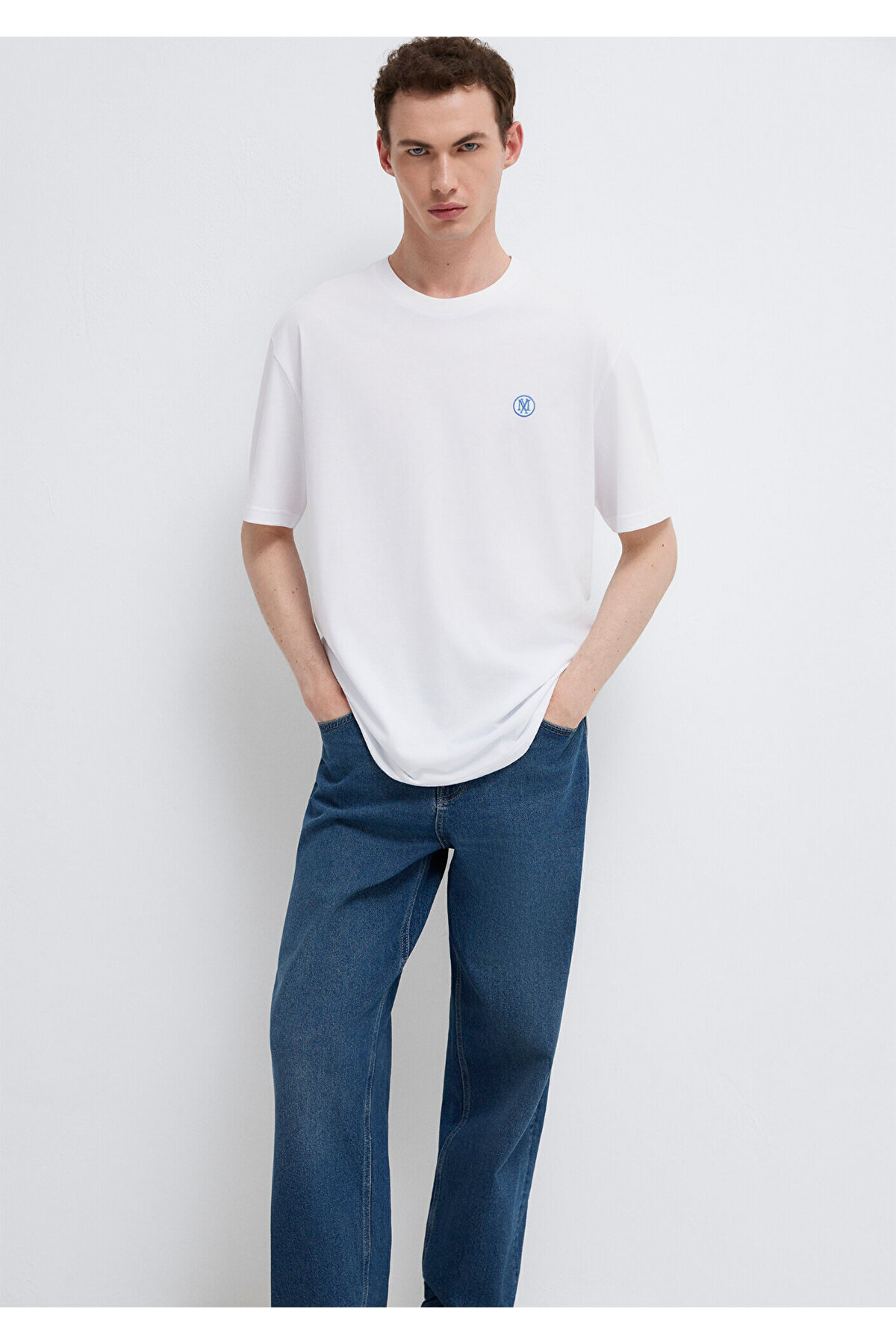 Mavi  2li Mühür Logo Nakışlı Erkek Tişört Loose Fit / Bol Rahat Kesim 0612545-620 - Görsel 3