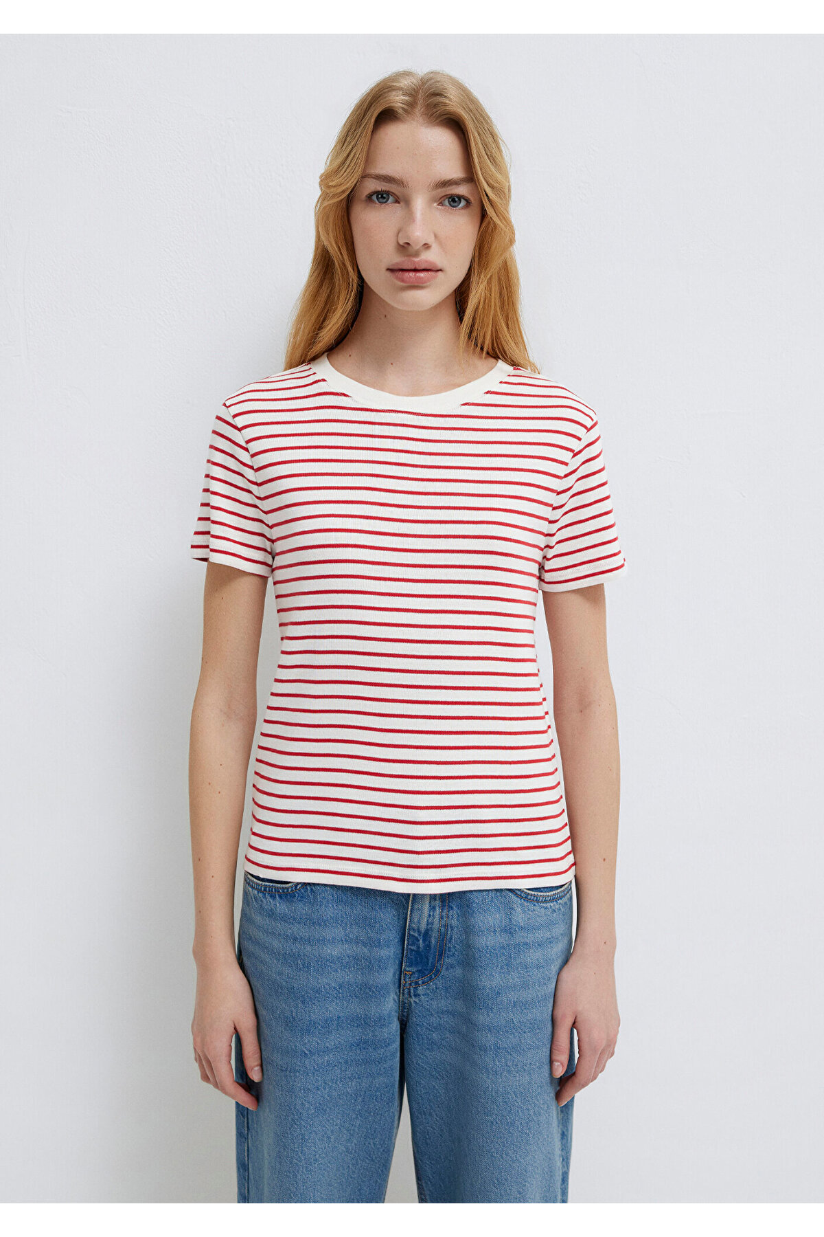 Mavi  Bisiklet Yaka Çizgili Kırmızı Tişört Slim Fit / Dar Kesim 1612881-86680 - Görsel 4