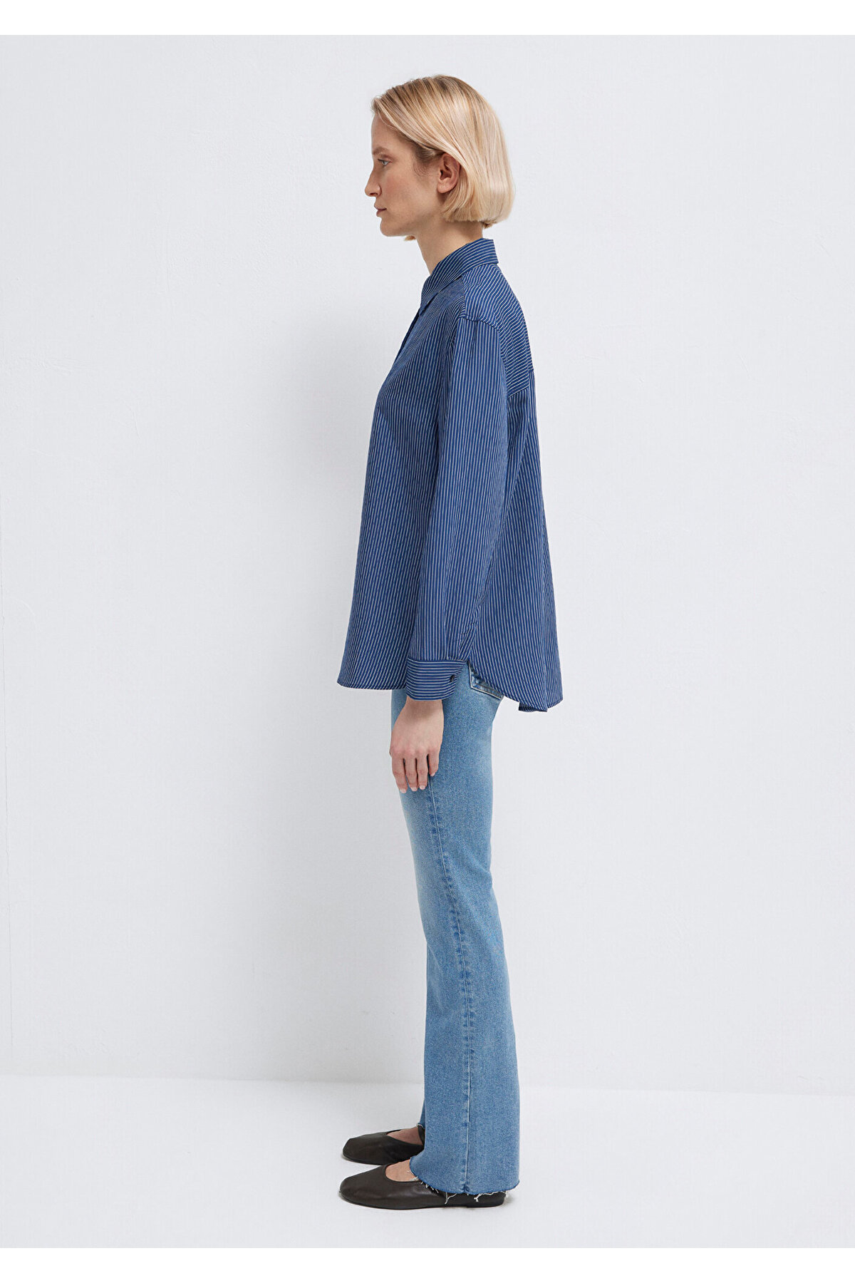 Mavi  Çizgili Lacivert Gömlek Loose Fit / Bol Rahat Kesim 1210683-80736 - Görsel 5