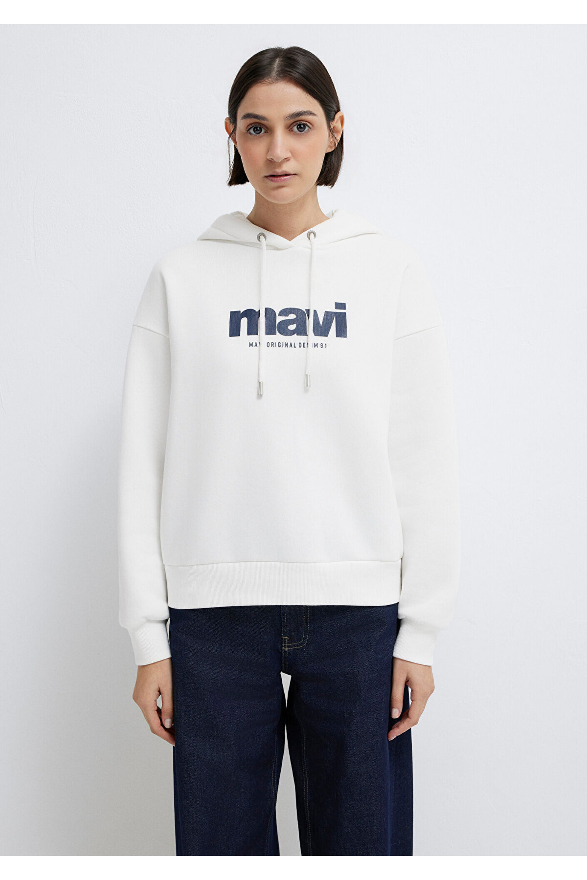 Mavi  Logo Baskılı Kapüşonlu Ekru Sweatshirt 168334-81964 - Görsel 3