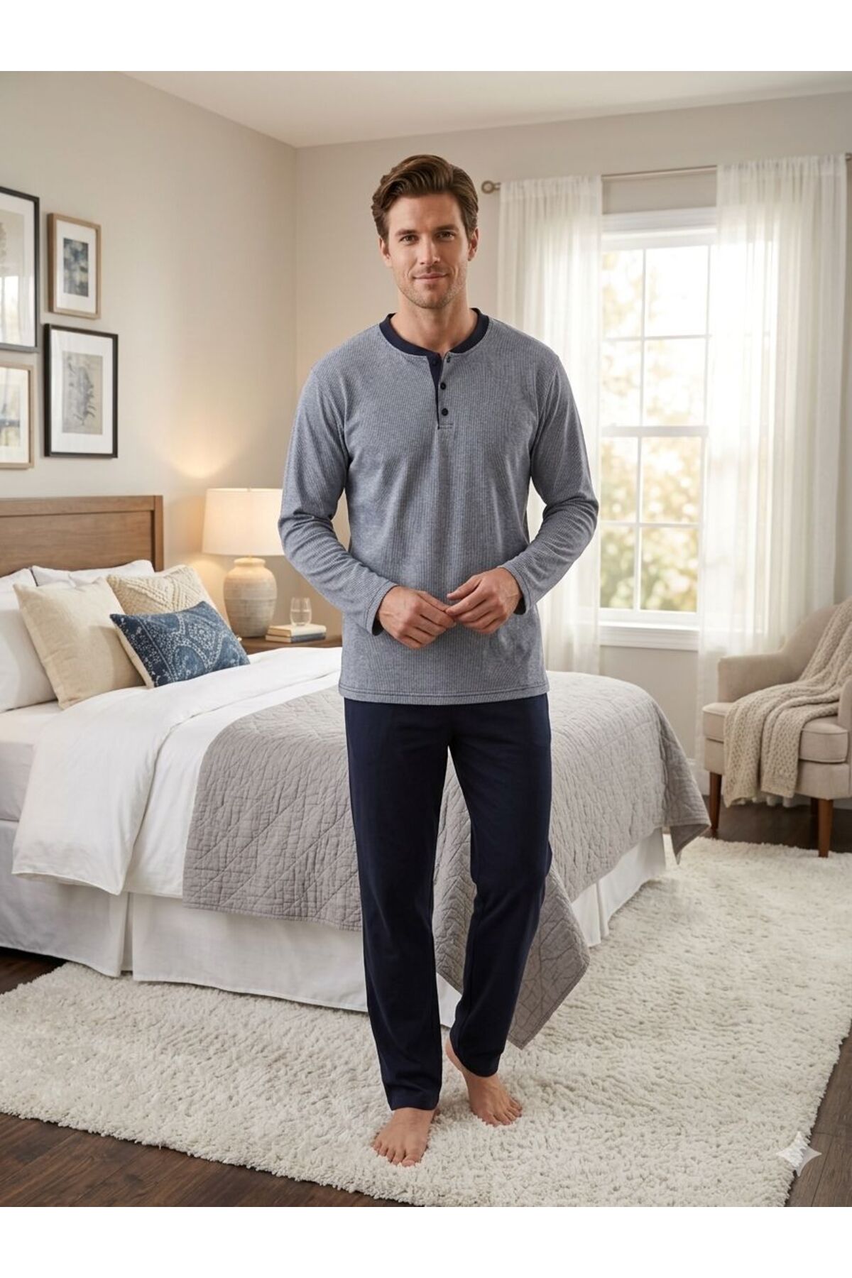 Sude HOMEWEAR Erkek Füme Renk Jakarlı Uzun Kol Pijama Takımı görsel 2