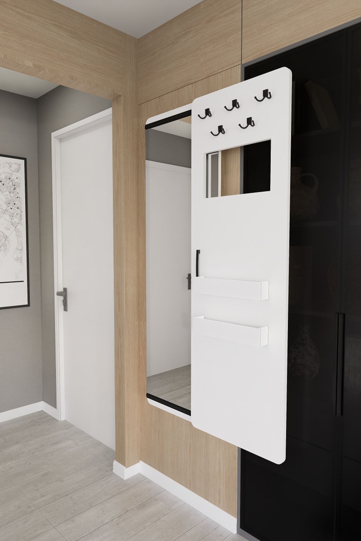 Concealed Size Mirror, Decorative Cloakroom, Modern Hanger, Length Mirror White Hanger with Sliding Cover