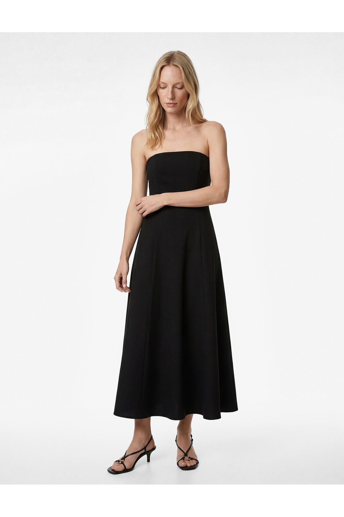 Koton  Krep Scuba Kumaş Midi Boy Straplez Kloş Elbise - Görsel 2