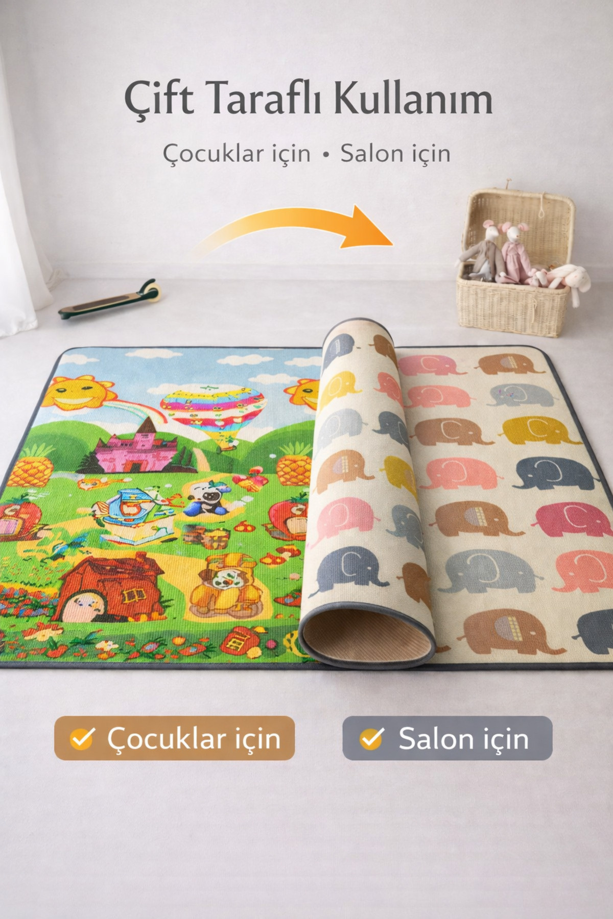 Coolmats Rulo Oyun Matı Çift Taraflı Baloncu Fil Ailesi - Macera Köyü 200x140x1 cm fotoğrafı 5 (önizleme)